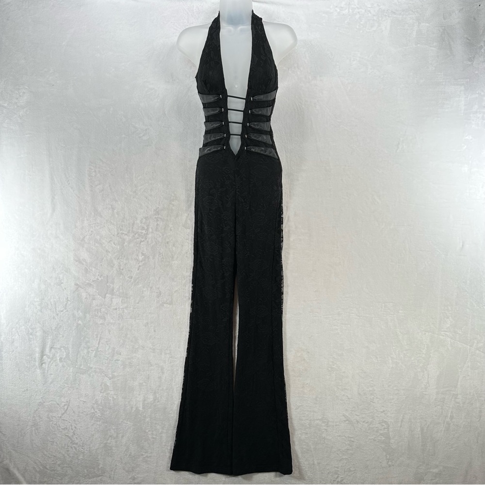 Outcast sawyer black jumpsuit size XS lace mesh plunge neck flare leg club sexy
